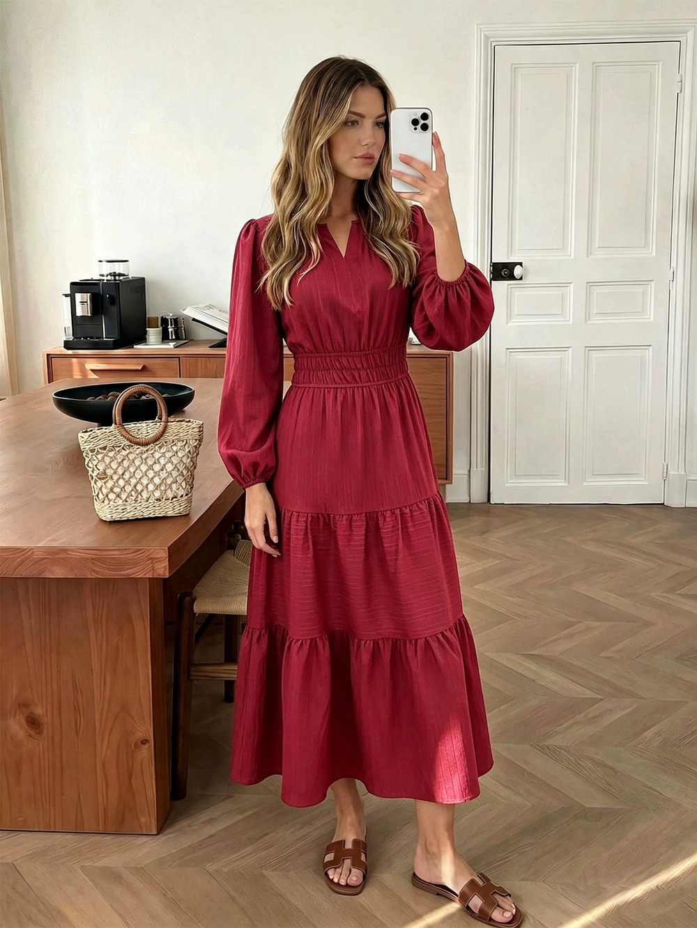 ZARA Vintage Wine Red Collared Waist Slimming Puff Sleeve Maxi Dress